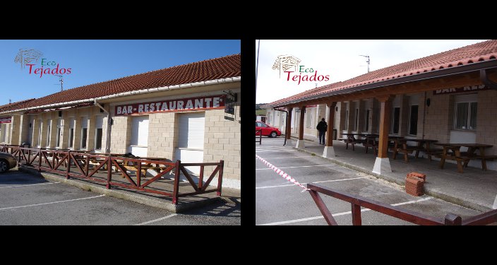 Antes y después de un porche en un restaurante